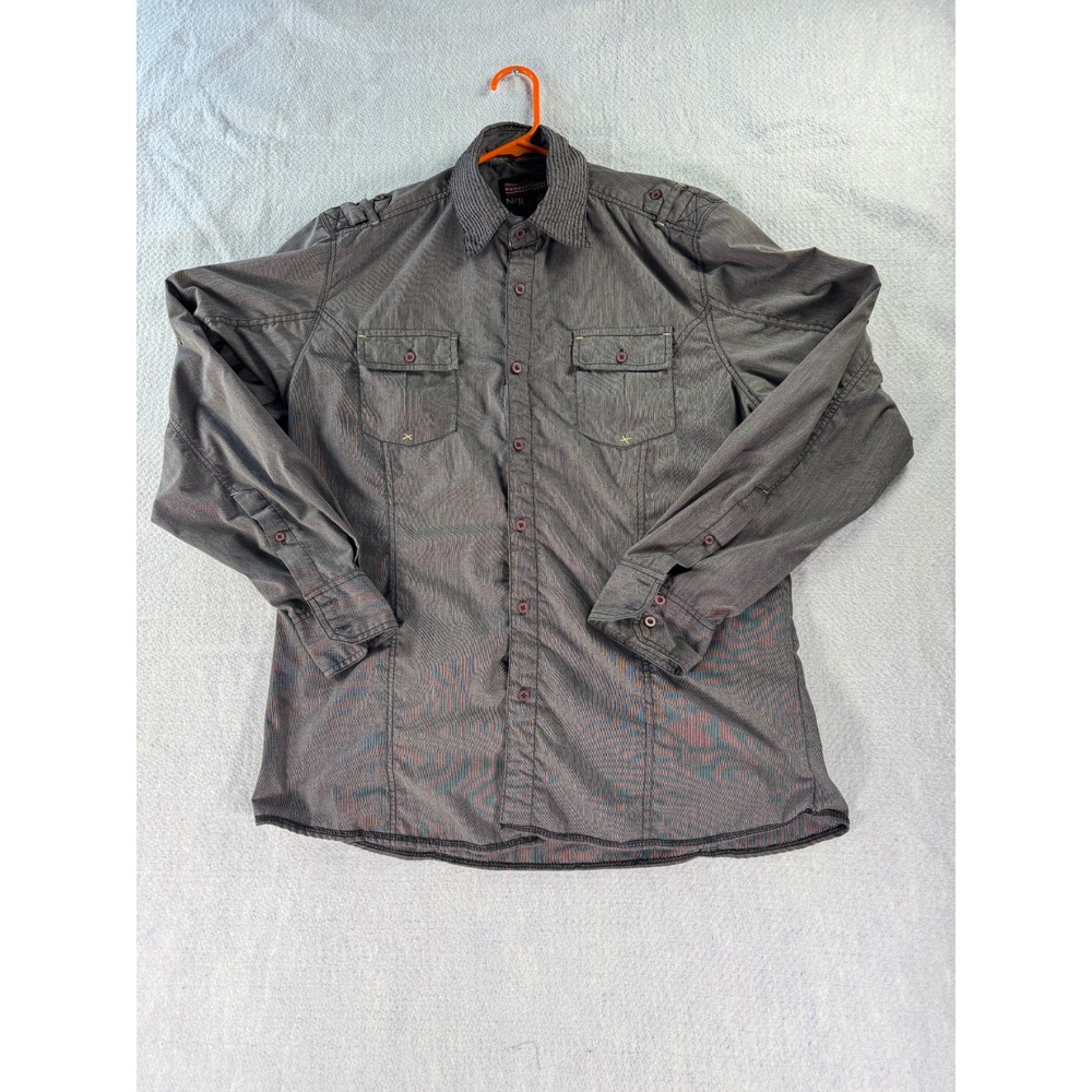 No Retreat Mens XL Gray Long Sleeve Button Down Shirt Epaulettes Pockets